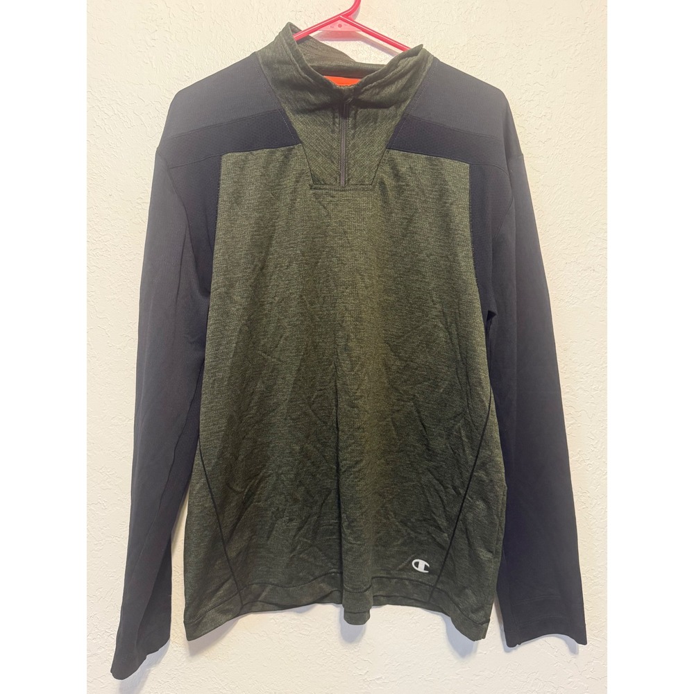 Champion Elite Mens Quarter Zip Pullover Green Black Waffle Grid Fleece Medium